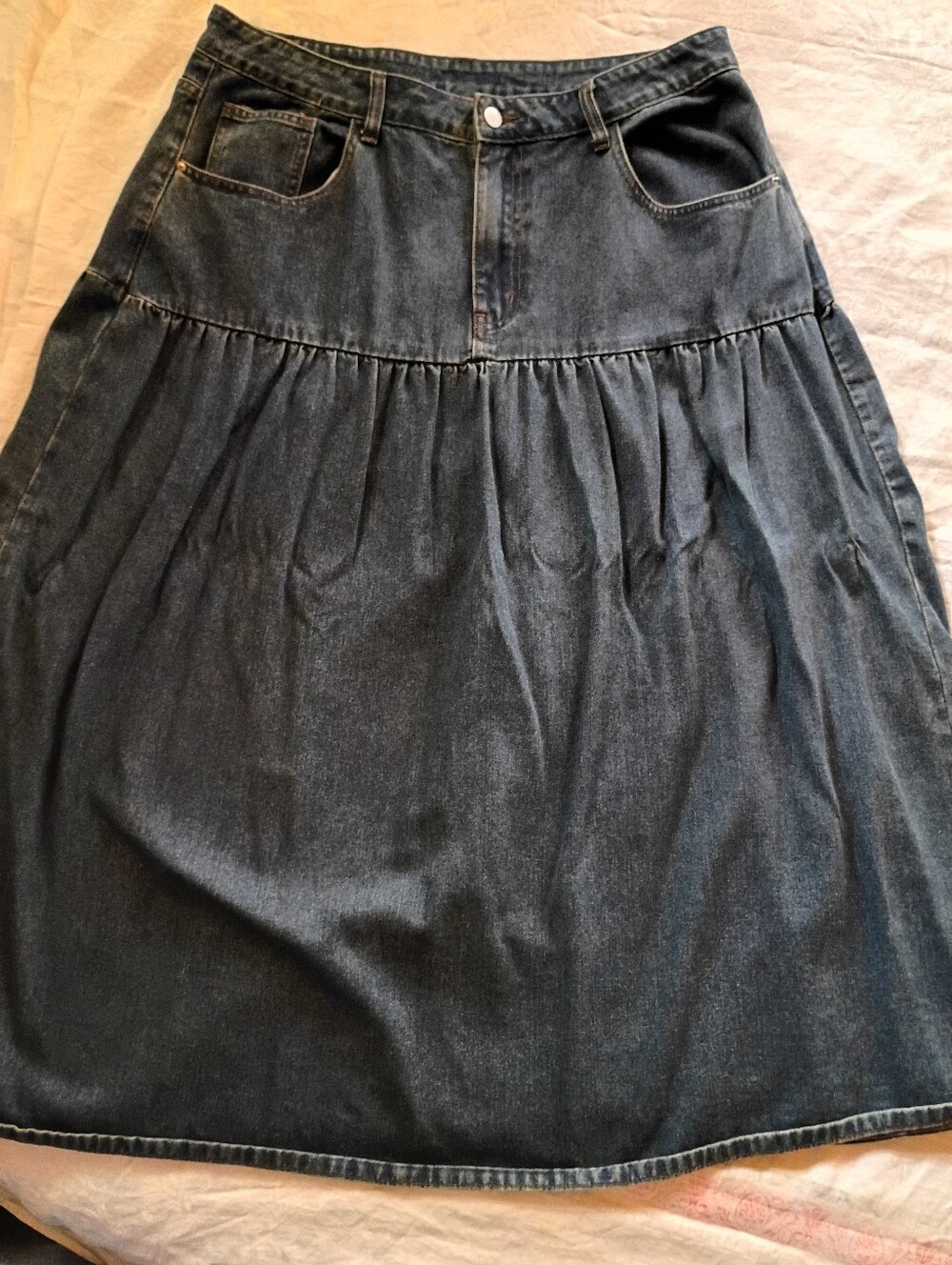 Cider Dark Blue Denim Tiered Midi Skirt
